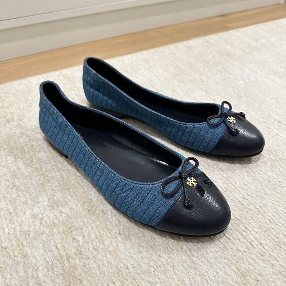 Tory Burch Leather & Quilted Denim Cap-Toe Ballet Flats in Blue Size 8 - Picture 1 of 7
